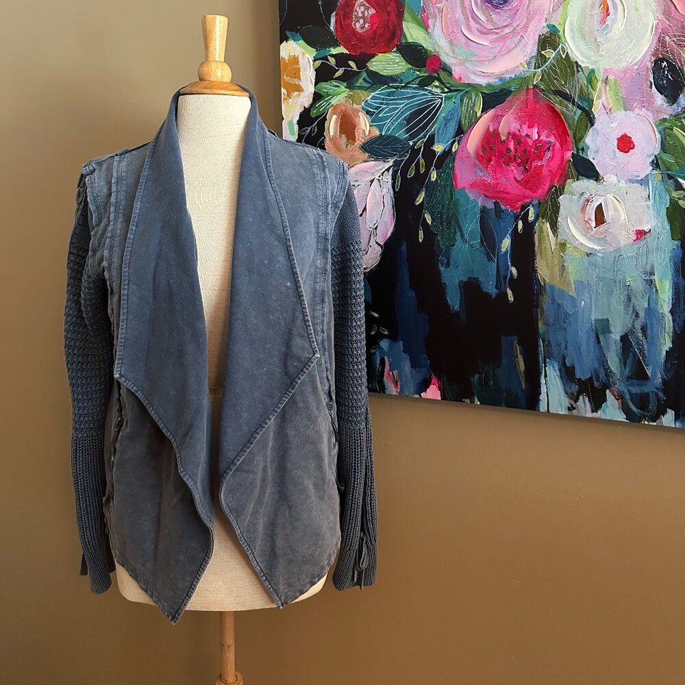 NorthStyle Blue Knit Sleeve Waterfall Jacket Women's Size Large EUC